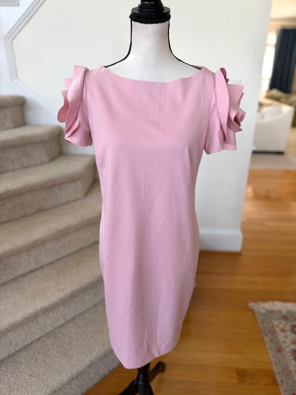 Pietro Brunelli Pink Floral Ruffle Puff Sleeve Sheath Midi Dress Wedding Guest